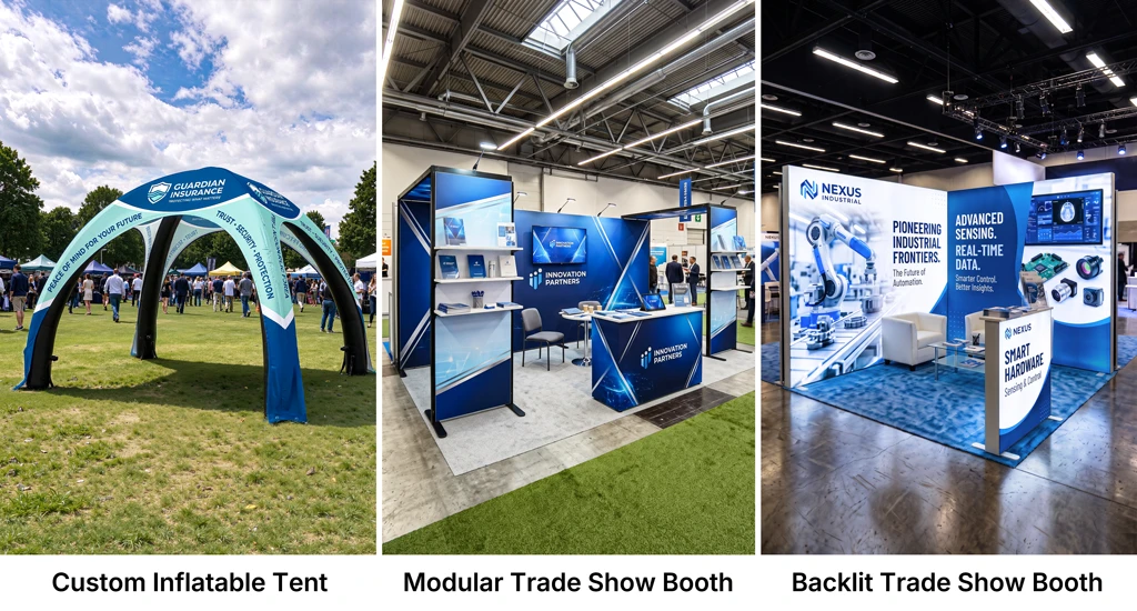 A custom inflatable tent, modular trade show booth, and backlit trade show booth shown as separate event display options